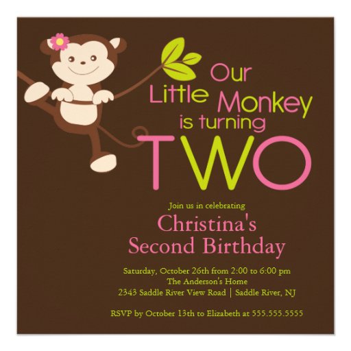 Cute Modern Monkey 2nd Birthday Party Invitations