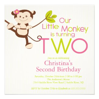 Cute Modern Monkey 2nd Birthday Party Invitations