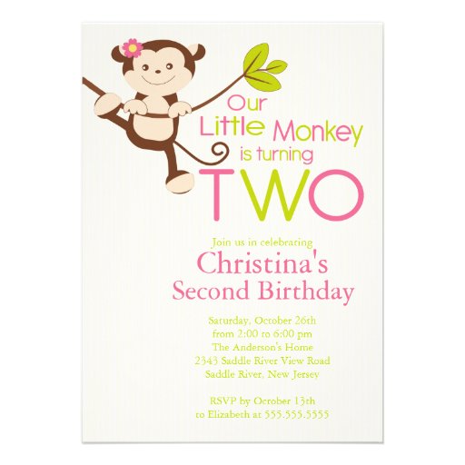 Cute Modern Monkey 2nd Birthday Party Invitations