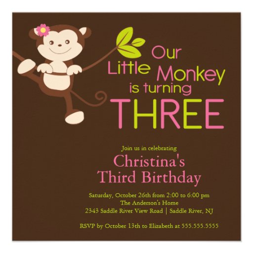 Cute Modern Monkey 3rd Birthday Party Invitations