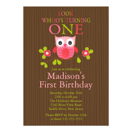 Cute Modern Owl 1st Birthday Party Invitations
