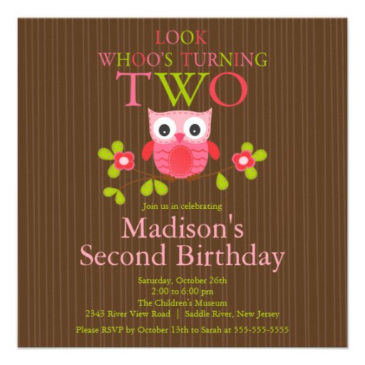 Cute Modern Owl 2nd Birthday Party Invitations