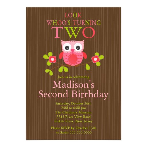 Cute Modern Owl 2nd Birthday Party Invitations