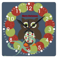 Cute Modern Owl Wreath Merry Christmas Gifts Square Wall Clocks