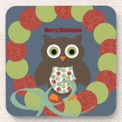 Cute Modern Owl Wreath Merry Christmas Gifts Beverage Coaster
