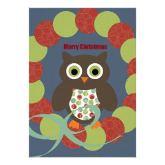 Cute Modern Owl Wreath Merry Christmas Gifts Custom Invitation