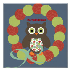 Cute Modern Owl Wreath Merry Christmas Gifts Custom Invitations