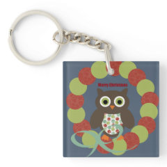 Cute Modern Owl Wreath Merry Christmas Gifts Keychains