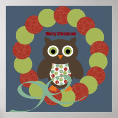 Cute Modern Owl Wreath Merry Christmas Gifts Posters