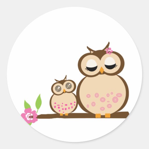 Cute mom and baby owl round stickers