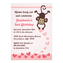 Cute monkey hearts girls birthday party invitation
