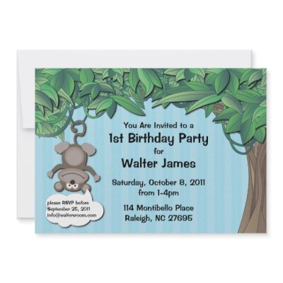 Cute Monkey Jungle Birthday Party Blue Invitation by waltersroom