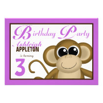 Cute Monkey Purple Birthday Party Invitations