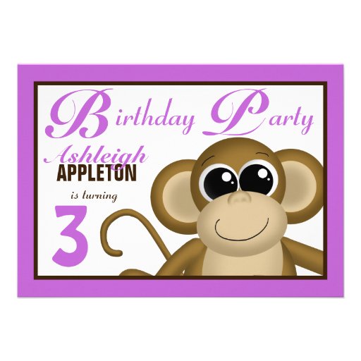 Cute Monkey Purple Birthday Party Invitations