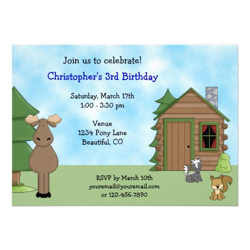Cute Moose & Cabin Birthday Invitation for Boys (front side)