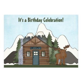 Cute Mountain Cabin and Moose Birthday Invites