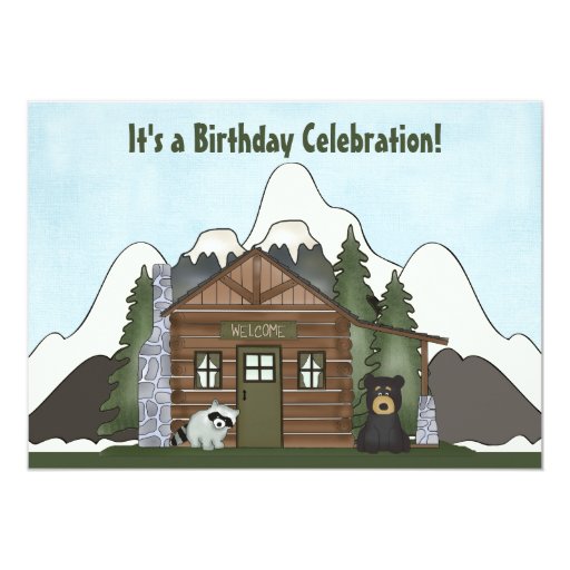 Cute Mountain Cabin with Bear Birthday Invitation | Zazzle