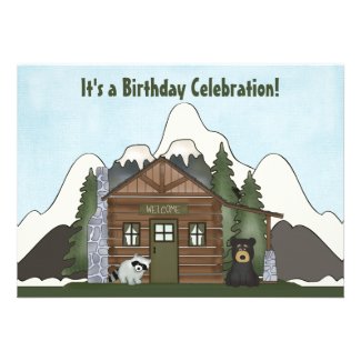 Cute Mountain Cabin with Bear Birthday Invitations
