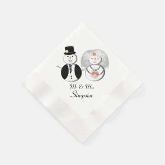 Cute Mr and Mrs Snowman Bride and Groom Coined Cocktail Napkin
