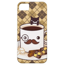 Cute mustache coffee cup on brown argyle iPhone 5 case