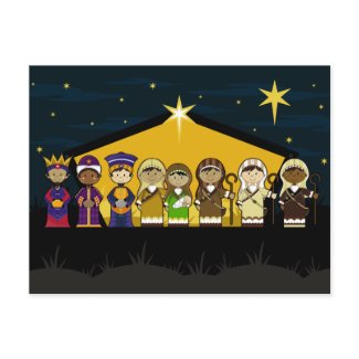 Cute Nativity Characters at Barn by Night postcard