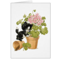 Cute Naughty Cat - Kitten In A Flowerpot Greeting Cards