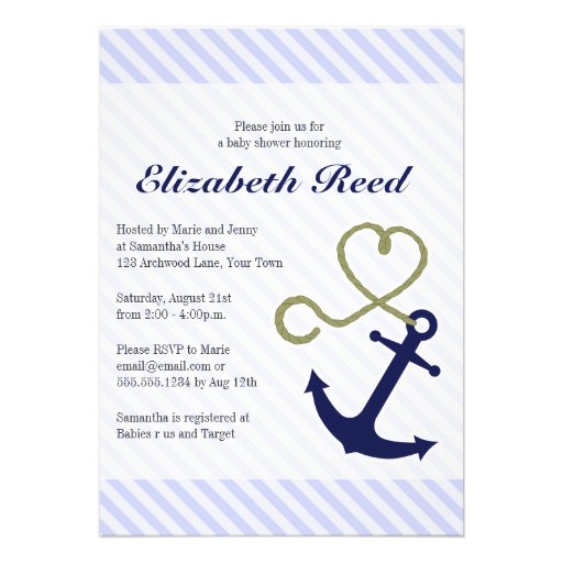 Cute Nautical Baby Shower Anchor with Heart Rope Invitation