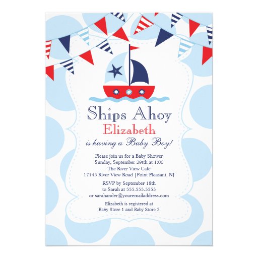Cute Nautical Sailboat Boys Baby Shower Invitation (front side)