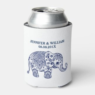 Cute Navy-Blue Paisley Elephant Illustration Can Cooler
