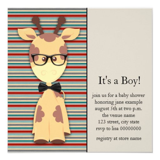 Cute Nerdy Geek Giraffe Baby Boy Shower Personalized Invitations