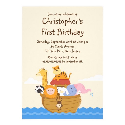 Cute Noah's Ark Baby Animals Birthday Party Custom Announcements