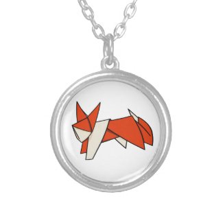 Cute Orange and White Origami Fox Round Pendant Necklace