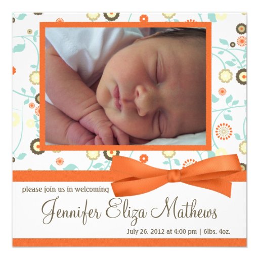 Cute Orange Flower Pattern Baby Girl Announcement