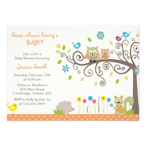 Cute Orange Owl Neutral Baby Shower Invitations (front side)