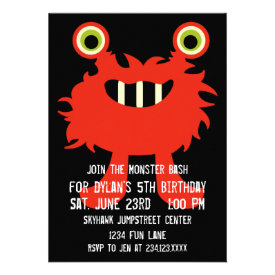 Cute Orange Red Monster Birthday Party Invitations