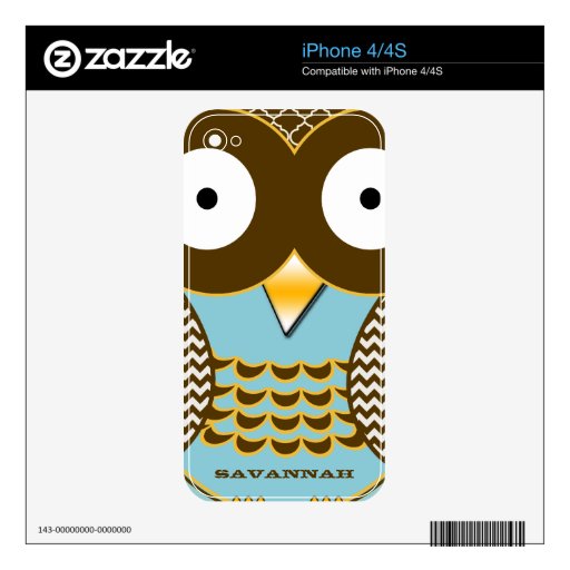 Cute Owl Aqua Brown Personalized iPhone Skin Skin For iPhone 4