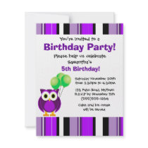 Cute Owl Birthday Purple Green Party Invitation