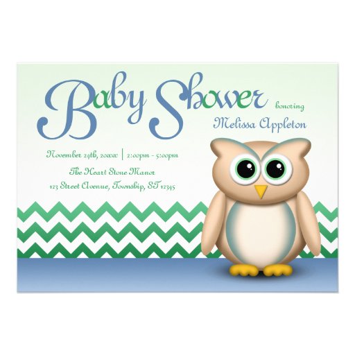 Cute Owl - Blue & Green Chevron Baby Shower Custom Invitation
