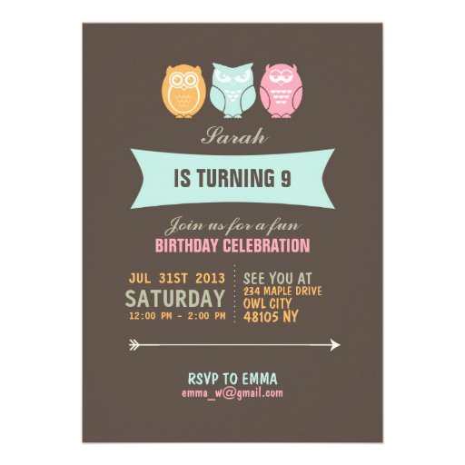 Cute Owl Cartoon Birthday Invitation for Kids
