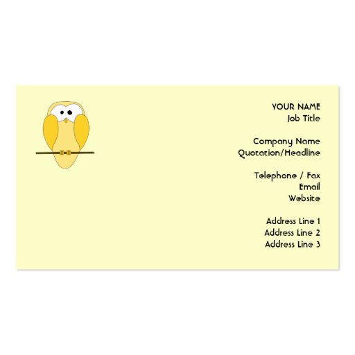 Cute Owl Cartoon. Yellow. Business Cards (front side)