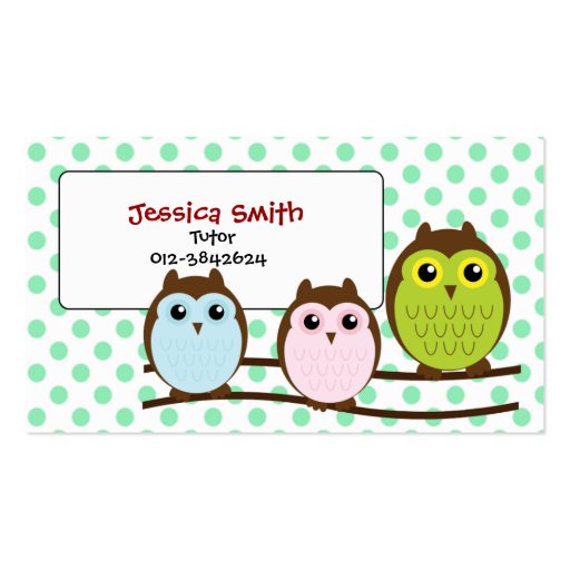 Cute Owl Family LIght Green Tutor Business Card (front side)