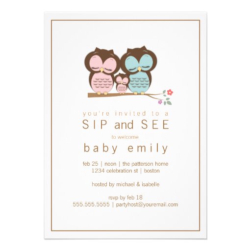 Cute Owl Family Sip and See Baby Greet Invitation
