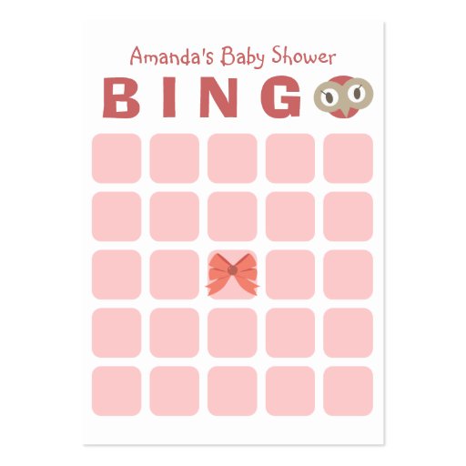 Cute Owl Girl 5x5 Baby Shower Bingo Card Business Card Template (front side)