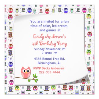 Cute Owl on a Branch Birthday Invitation