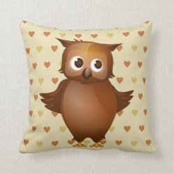 Cute Owl on Beige Heart Pattern Background Pillows