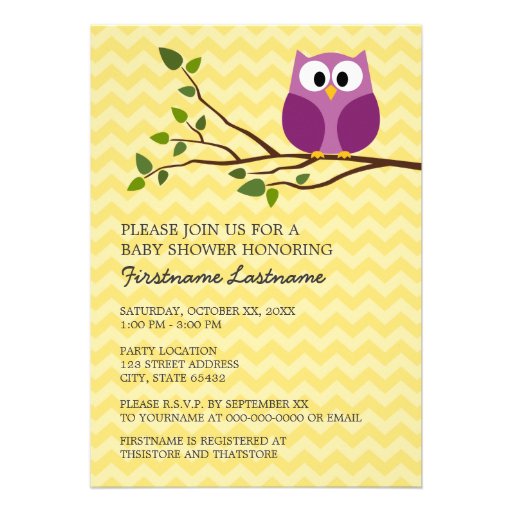 Cute Owl on Branch and chevrons Baby Girl Shower Personalized Invitation (front side)