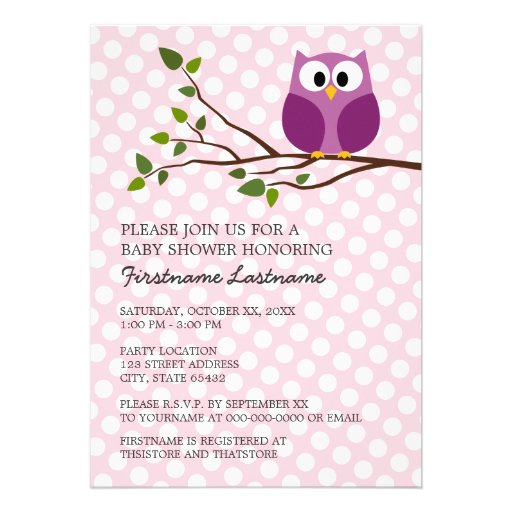Cute Owl on Branch and polka dots Baby Girl Shower Invitations (front side)