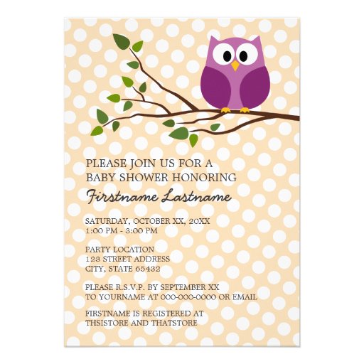 Cute Owl on Branch and polka dots Baby Girl Shower Custom Invitations
