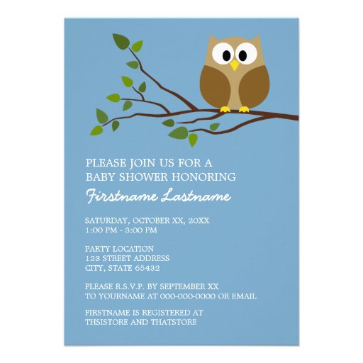 Cute Owl on Branch Baby Boy Shower Custom Invites