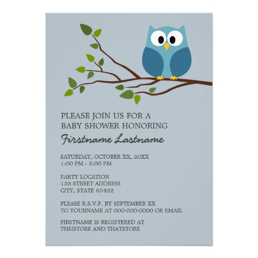 Cute Owl on Branch Baby Boy Shower Custom Announcements